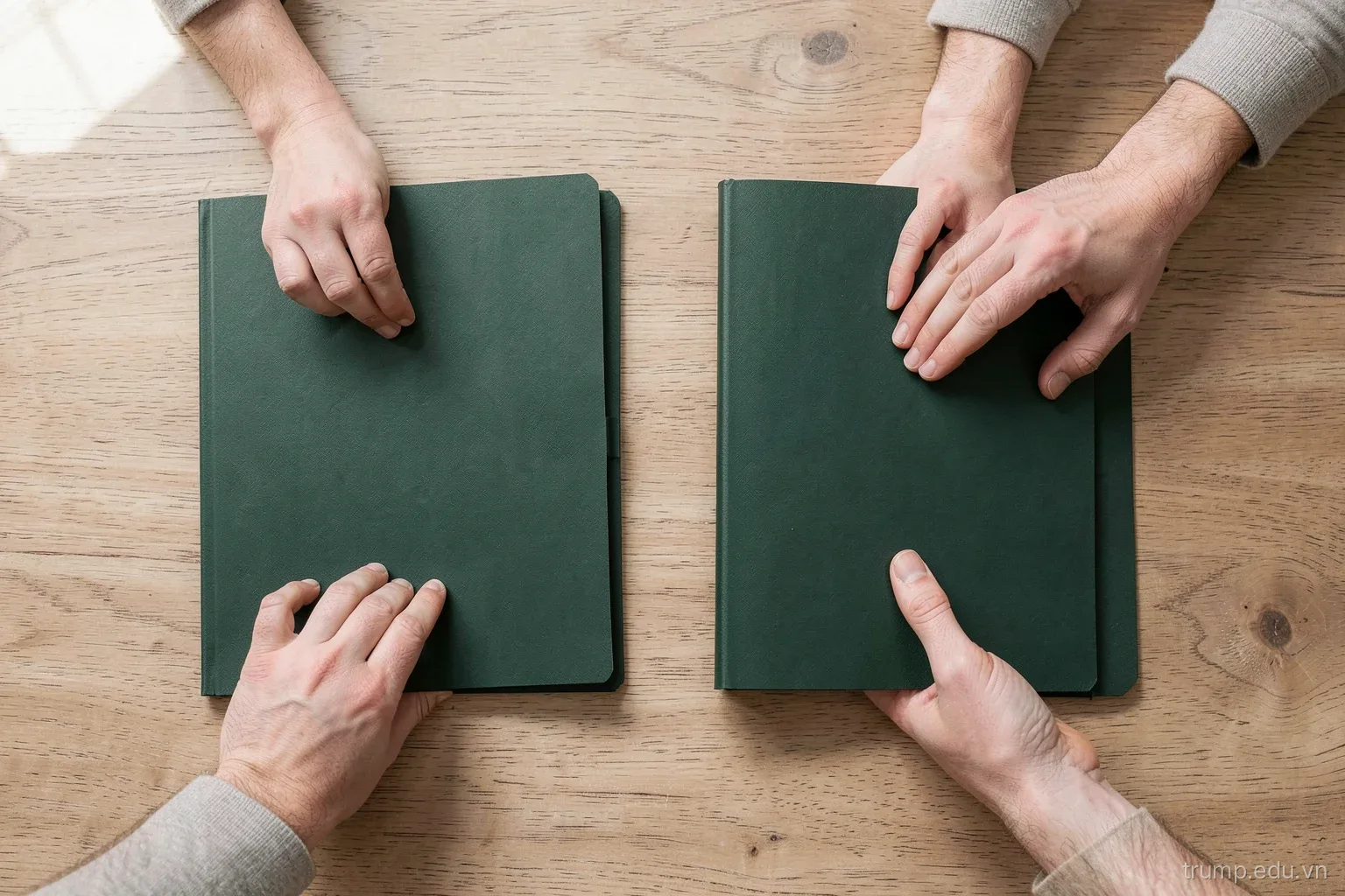 Two hands hovering over a wooden table choosing between two closed folders, overhead top-down view, soft window light, neutral beige and dark green palette