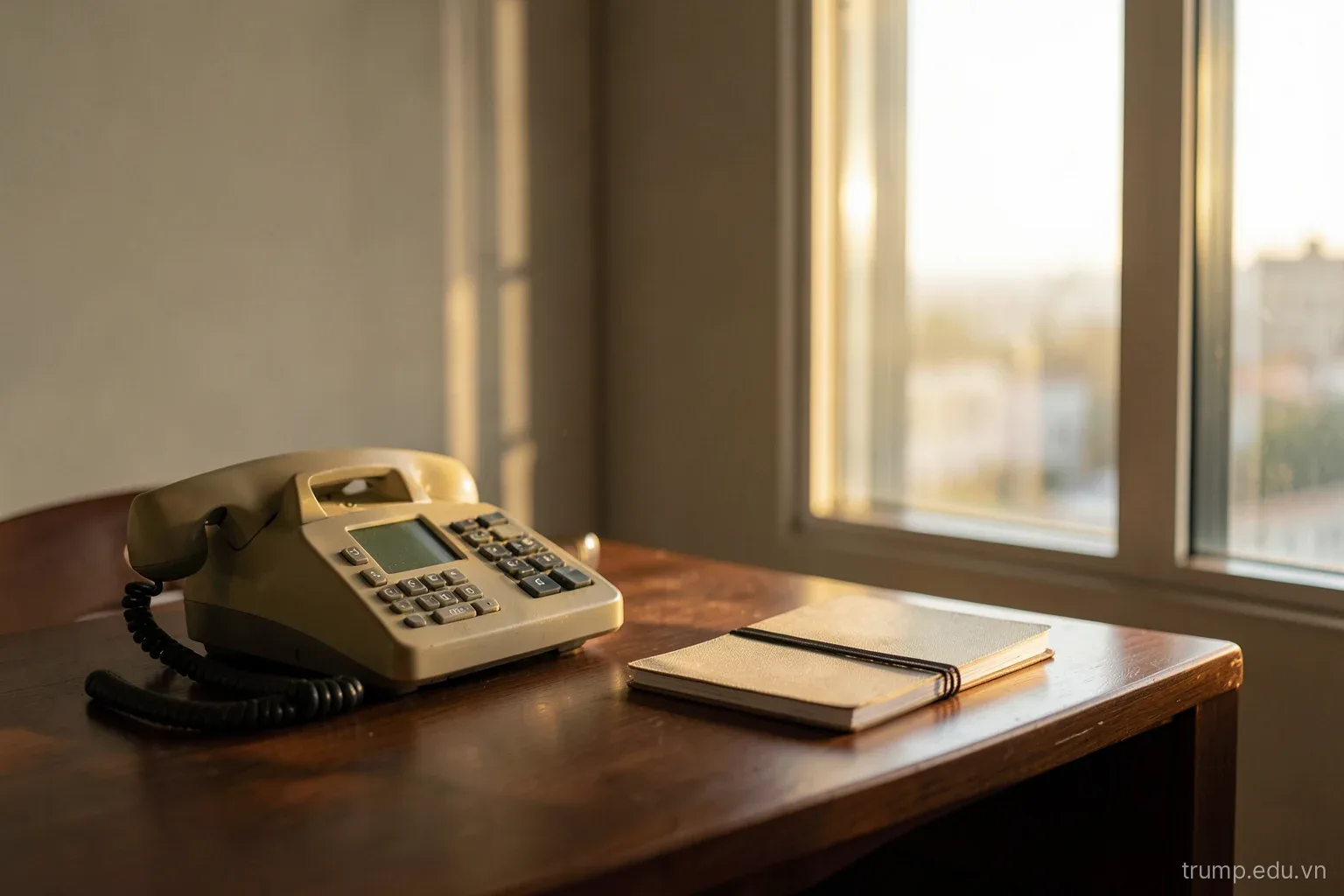 A tidy executive office desk with an old desk telephone and a closed notebook beside a tall window, early morning golden light, side angle, muted warm tones