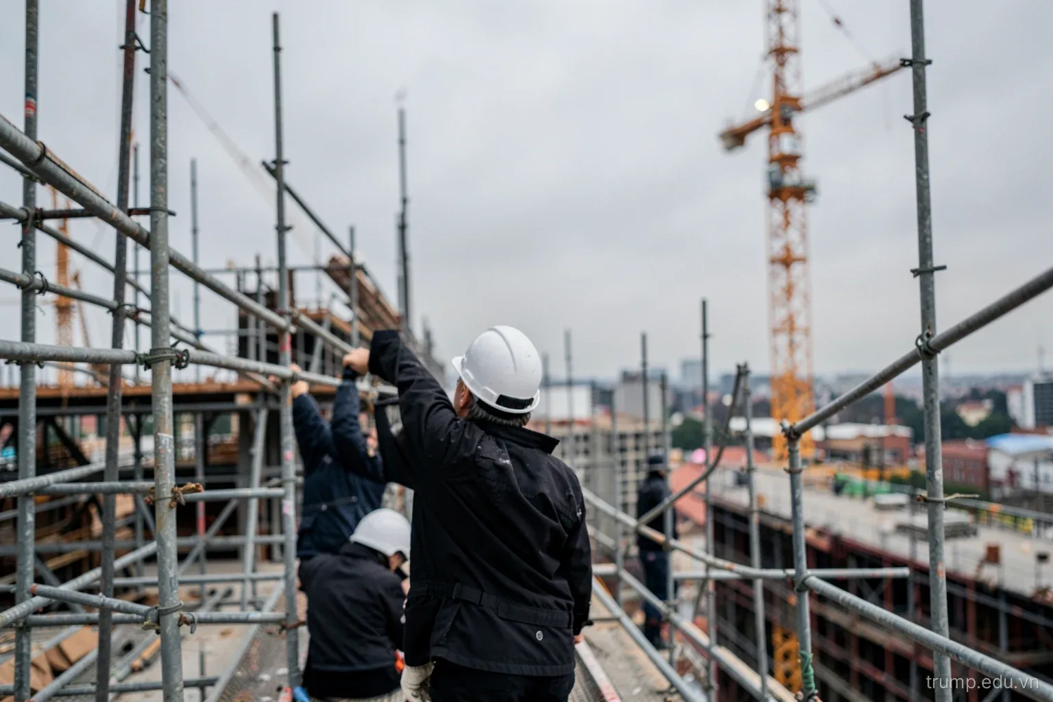 A person in a white hard hat walking along scaffolding on a high-rise construction site, seen from behind, cranes in the background, overcast daylight, gray and orange tones