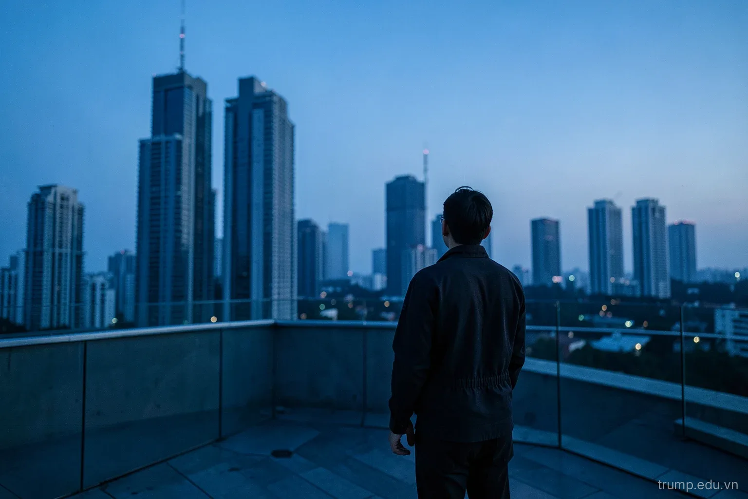 A young Vietnamese entrepreneur standing on a rooftop terrace at dawn looking toward distant high-rise towers, seen from behind, wide shot, cool blue morning light
